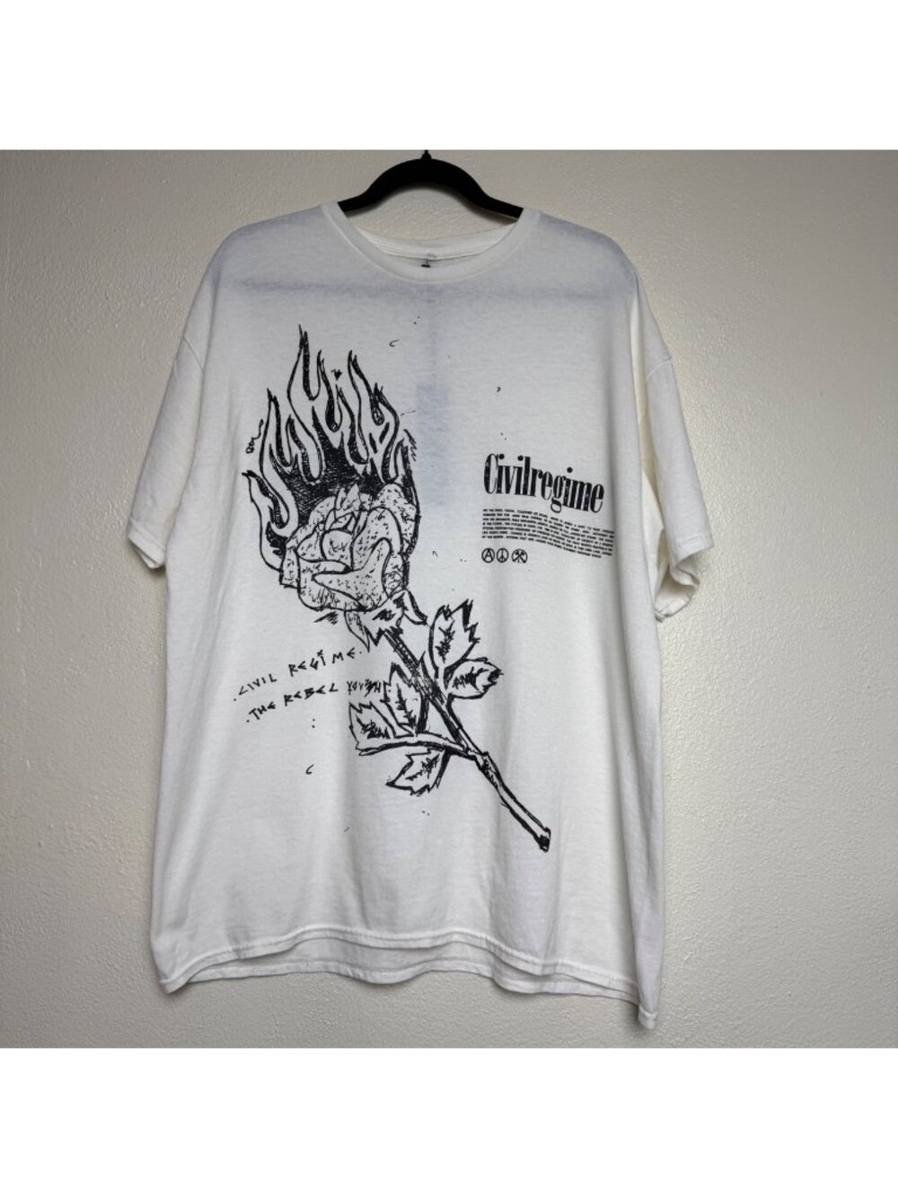 Civil Regime "Rebel Youth" Flaming Rose Graphic Cream Short Sleeve Tee Sz L NWT